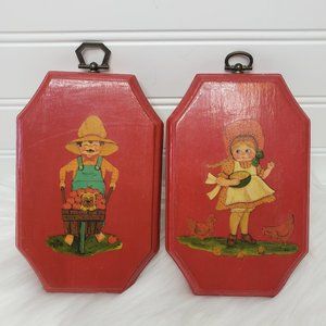 2 VTG Prints on Wood of Little Boy Farmer w/ Tomatoes & Puppy & Girl w/ Chickens